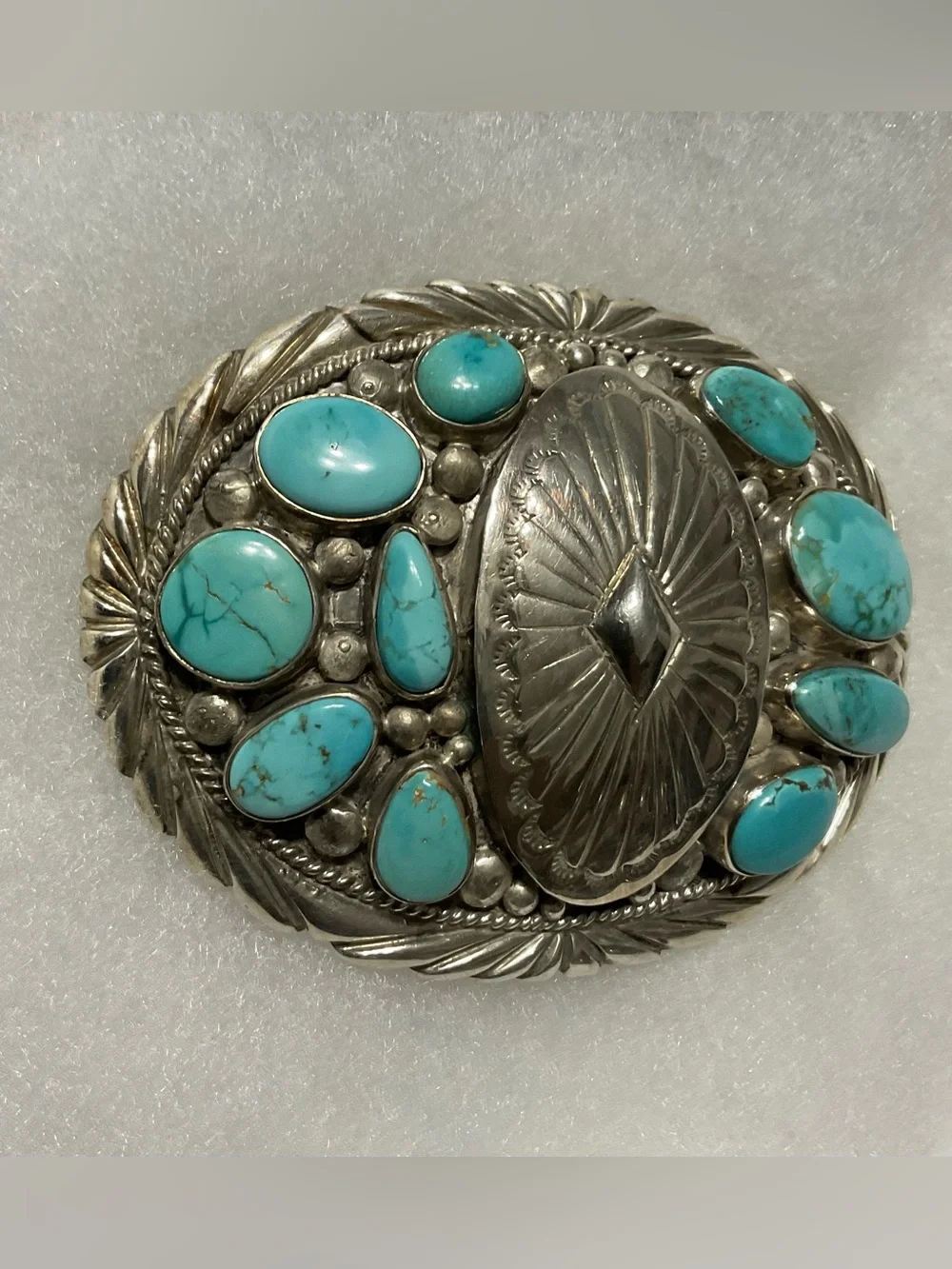 Stover Paul Sterling Navajo-Style Belt Buckle‎ Turquoise Cabochons